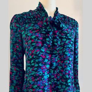 Vintage Victor Alfaro 100% Silk Pussybow Top Blouse Colorful Abstract 12 Petite
